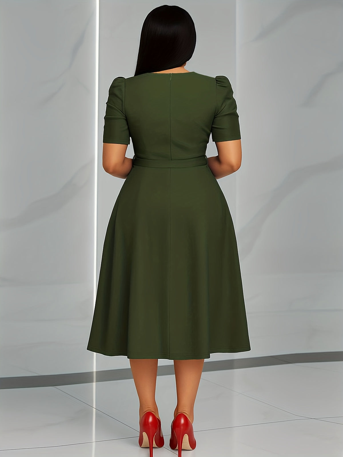 Women'S Elegant V-Neck Ruched Midi Dress, Solid Color Short Sleeve, Waist-Cinching Belt, Flowing Skirt, Perfect Spring Summer Outfit, Adult Fashion, Comfortable Daily Elegant Waist-Cinching Dress, Ruched Detail - Olive Green