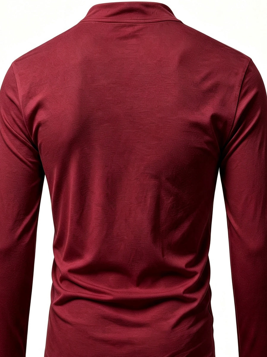 2026 New Men'S Casual Outdoor Tie-Neck Polo Shirt - K, Long Sleeve for All Seasons, Button-Less Design with Cross Drawstring, Stand Collar, Breathable And Comfortable, Quick-Dry - Burgundy