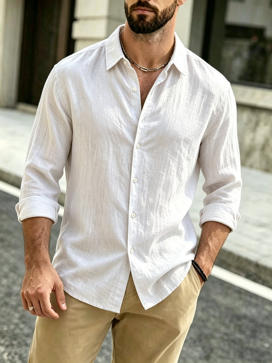 The Preferred Gift for Back to School Season Is Men's Casual Shirts. Spring and Autumn Long Sleeved Shirts Are Trendy, Loose, Solid Color, Breathable and Versatile Tops, Making Them the Perfect Holiday Gift - White