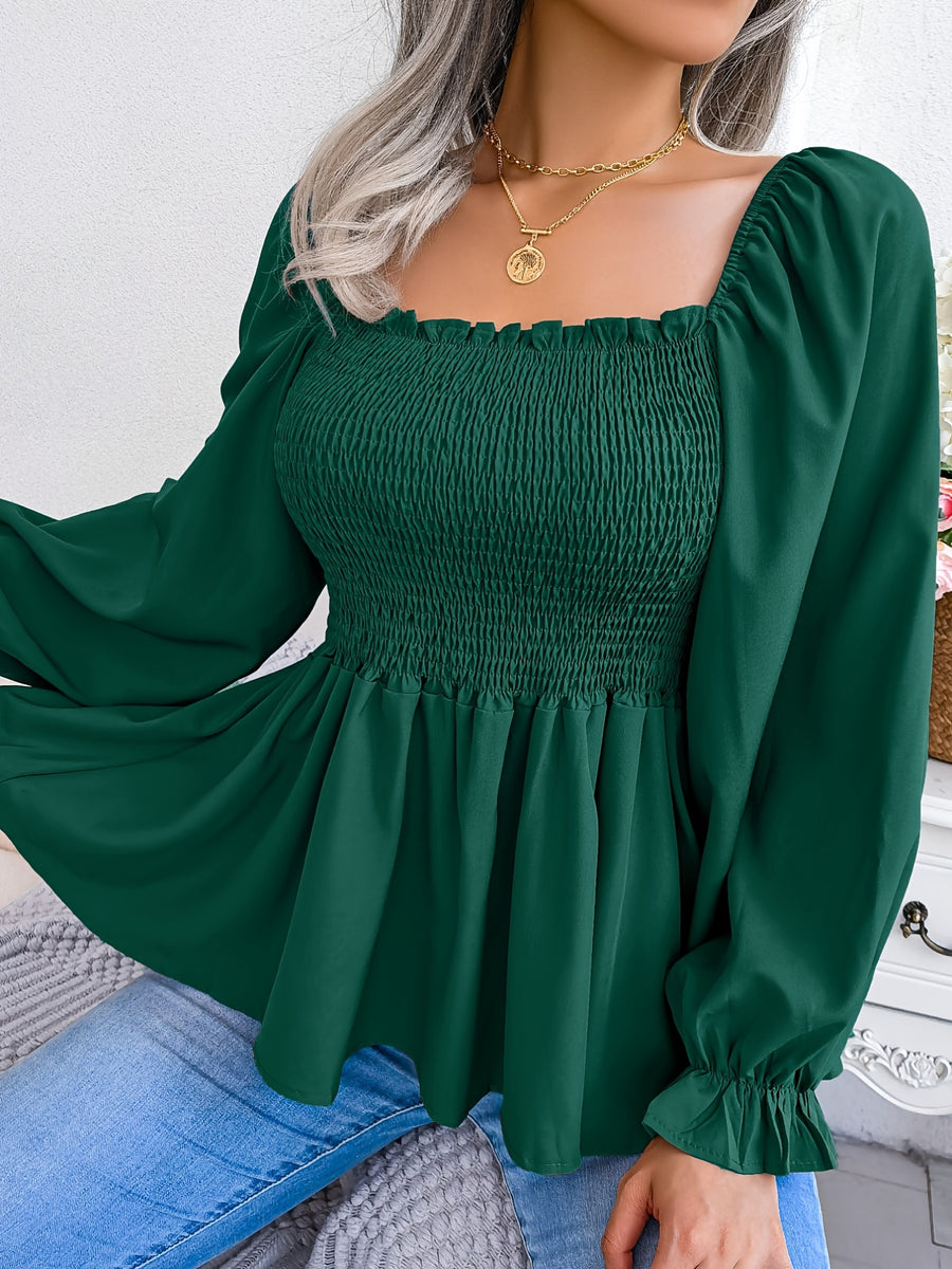 2023 Spring/Summer European and American Casual Solid Color Square Neck Flared Sleeve Ruffle Hem Chiffon Blouse - Dark Green