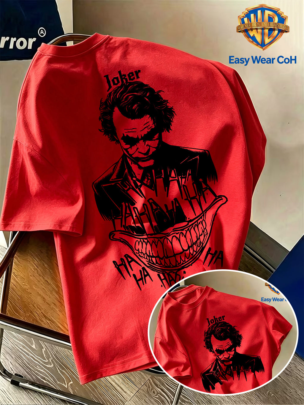 Warner Official Licensed Men'S New Front Back Print Round Neck Short Sleeve T-Shirt, Hand-Drawn Sketch Style Joker JOKER Black And White Sketch HA HA Laughing Element Line Print Design, Breathable Skin-Friendly Soft Fabric - Red