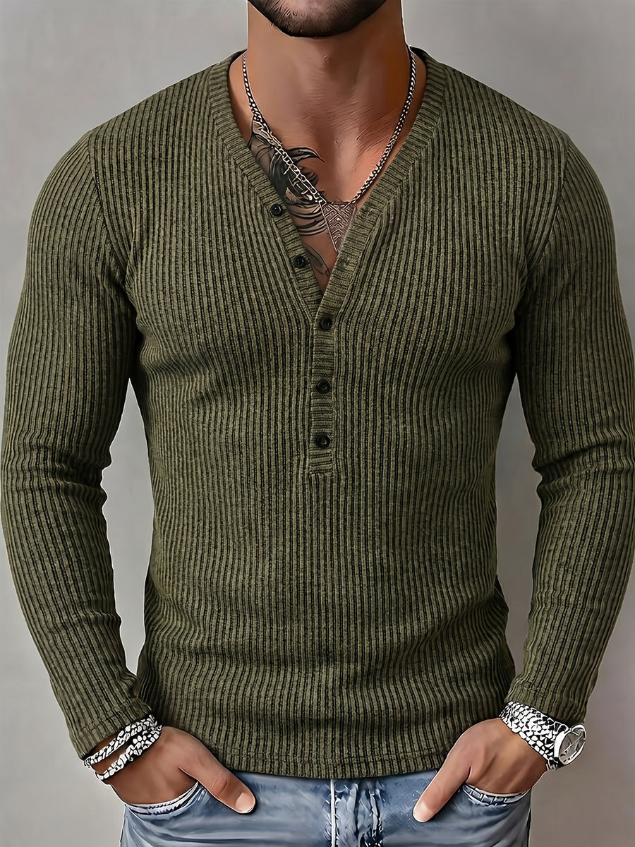 ROYALBOY Men's Autumn New Textured Two-Tone Striped Fabric Deep V-Neck Long Sleeve Outdoor Fashion Sports Top - Olive Green
