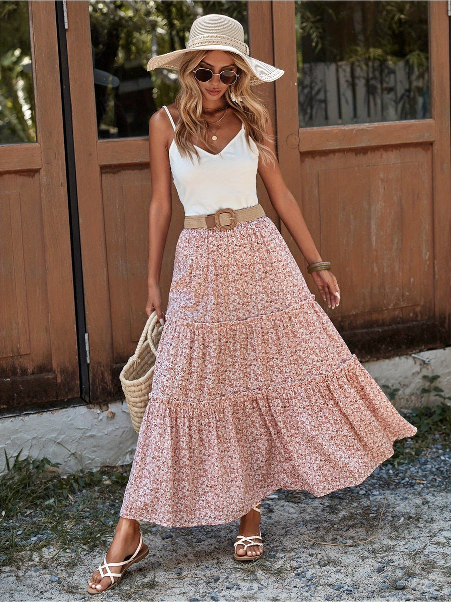 Floral Print Pleated Midi Skirt - Pink