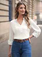 ZD0918010 Autumn Solid Neck Roll Comfortable Breathable Long-Sleeved Shirt - White