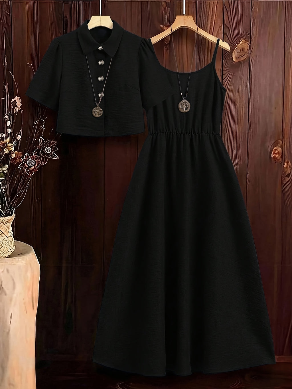 Women's New Elegant Shirt and Slip Dress 2pcs Set, Suitable for Commuting and Various Occasions, Vacation Wear - Black
