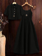 Women's New Elegant Shirt and Slip Dress 2pcs Set, Suitable for Commuting and Various Occasions, Vacation Wear - Black