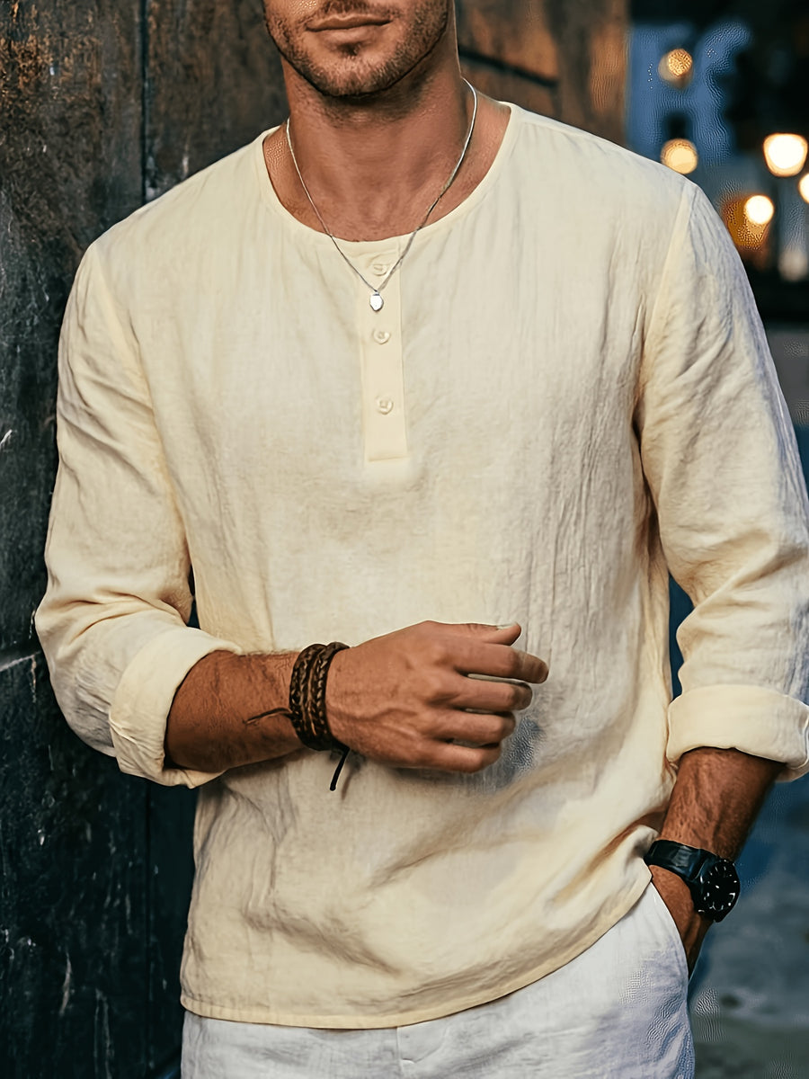 Men's Summer Linen Long Sleeve Shirt, Breathable Round Neck, Loose Fit. Suitable for Daily Casual, Beach Vacation or Yoga Sports, Also a Great Valentine's Day Gift for Him. - Khaki