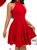 Women'S Elegant Party Halter Sleeveless A-Line Dress - Red