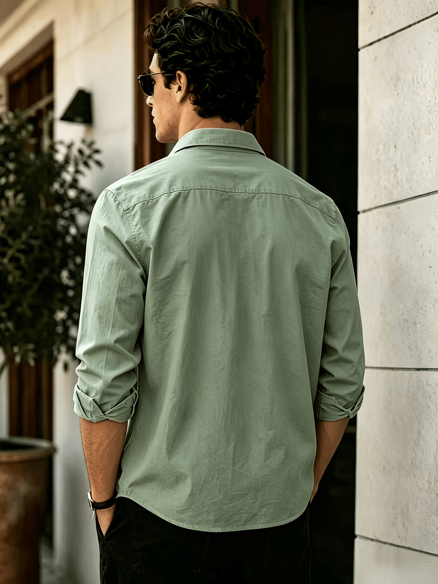 Men'S Long Sleeve Casual Shirt for Summer, Lightweight, Breathable And Comfortable. Slim-Fit And Versatile with Relaxed Cut, Ideal for Daily Commuting And Travel Outfits. (Shirt solely) - Olive Green