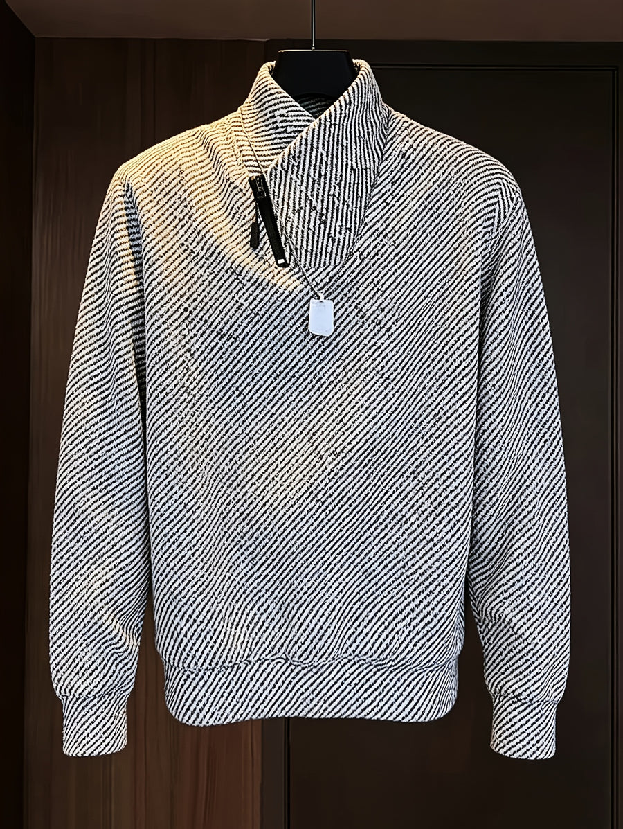 Men's Sweatshirt for Daily Commuting, Single-Piece Textured Long-Sleeve Shirt, Loose Non-Stretch Top, Zipper Stand-Up Collar Jacket for Spring and Autumn - White