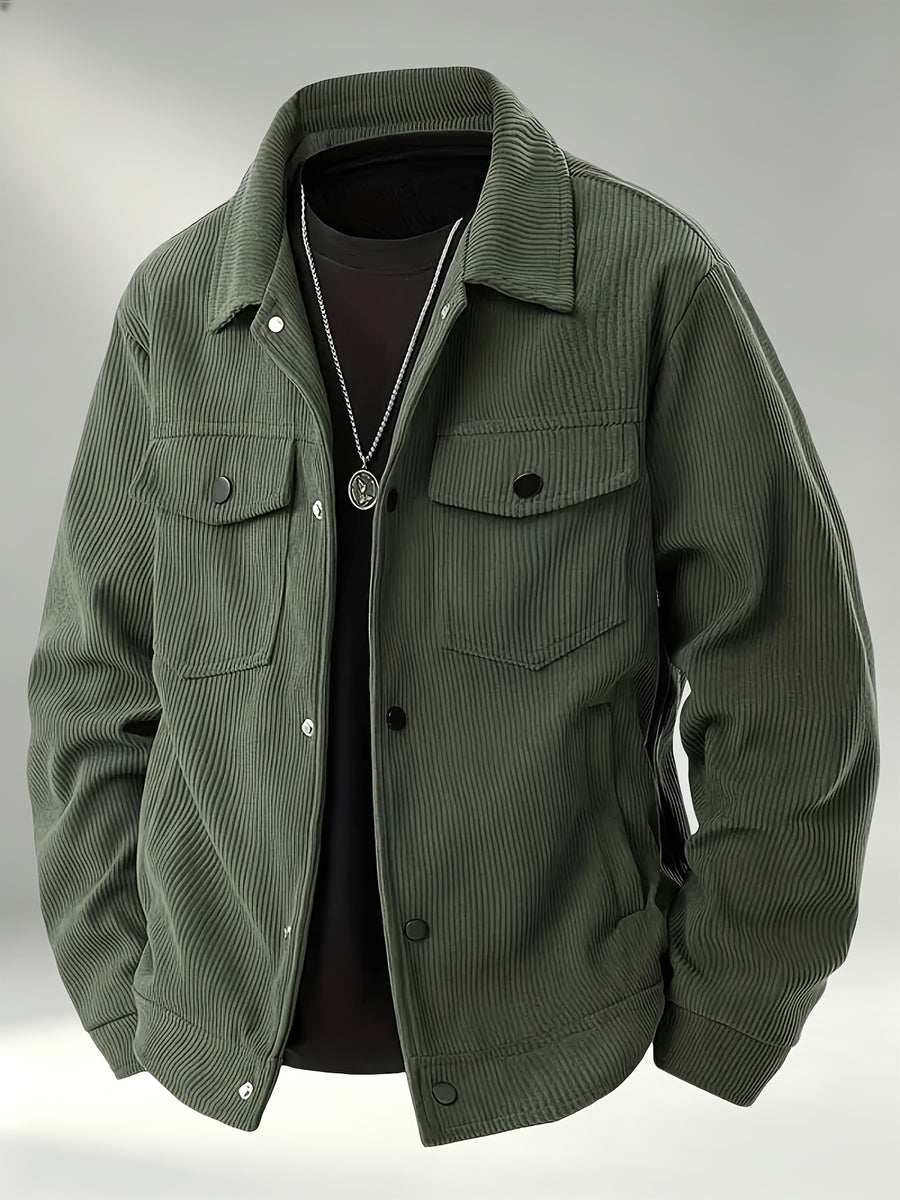 Men'S Trendy Corduroy Lapel Cargo Jacket Solid Vertical Texture Casual Long Sleeve Jacket Commuter Top - fern green