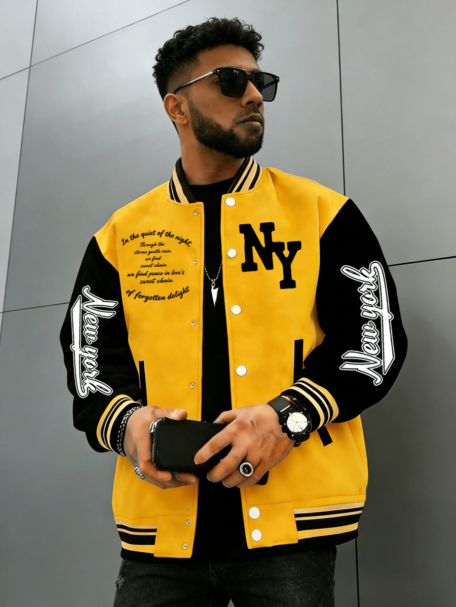 Vintage NY Letter Baseball Jacket, Men's American Casual Jacket - Yellow