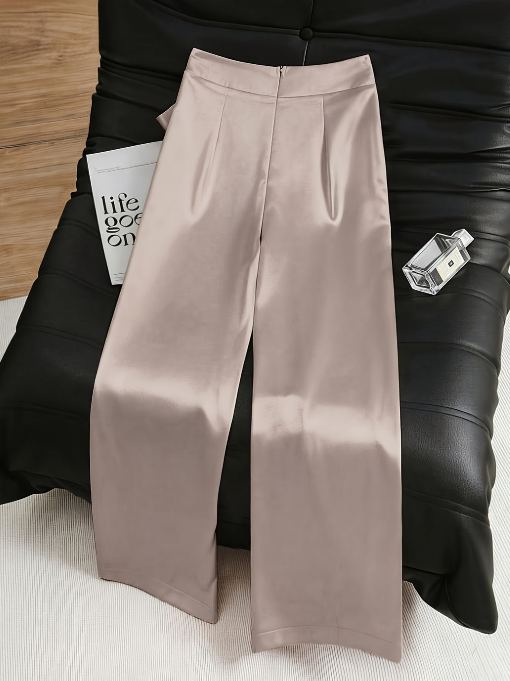 Women'S Fashion Commuter Satin Irregular Lace Bow Zipper Wide-Leg Long Pants - Apricot