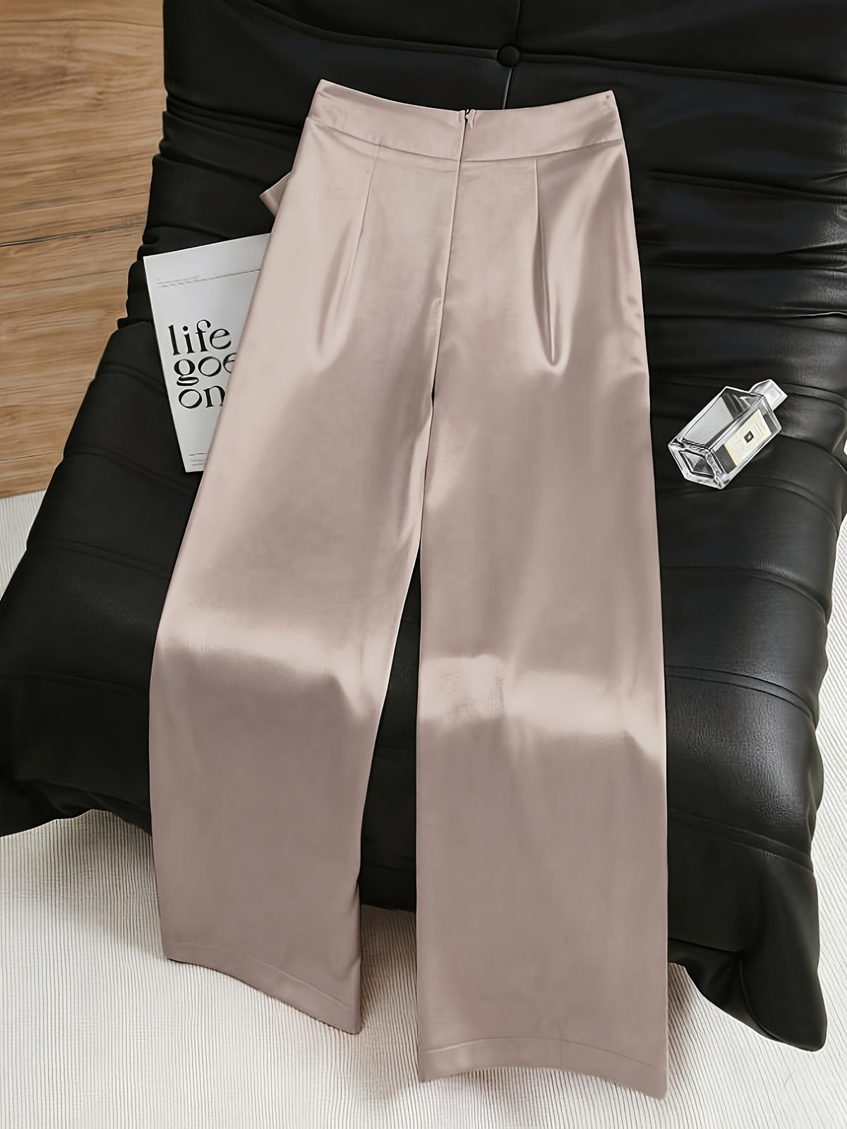 Women'S Fashion Commuter Satin Irregular Lace Bow Zipper Wide-Leg Long Pants - Apricot