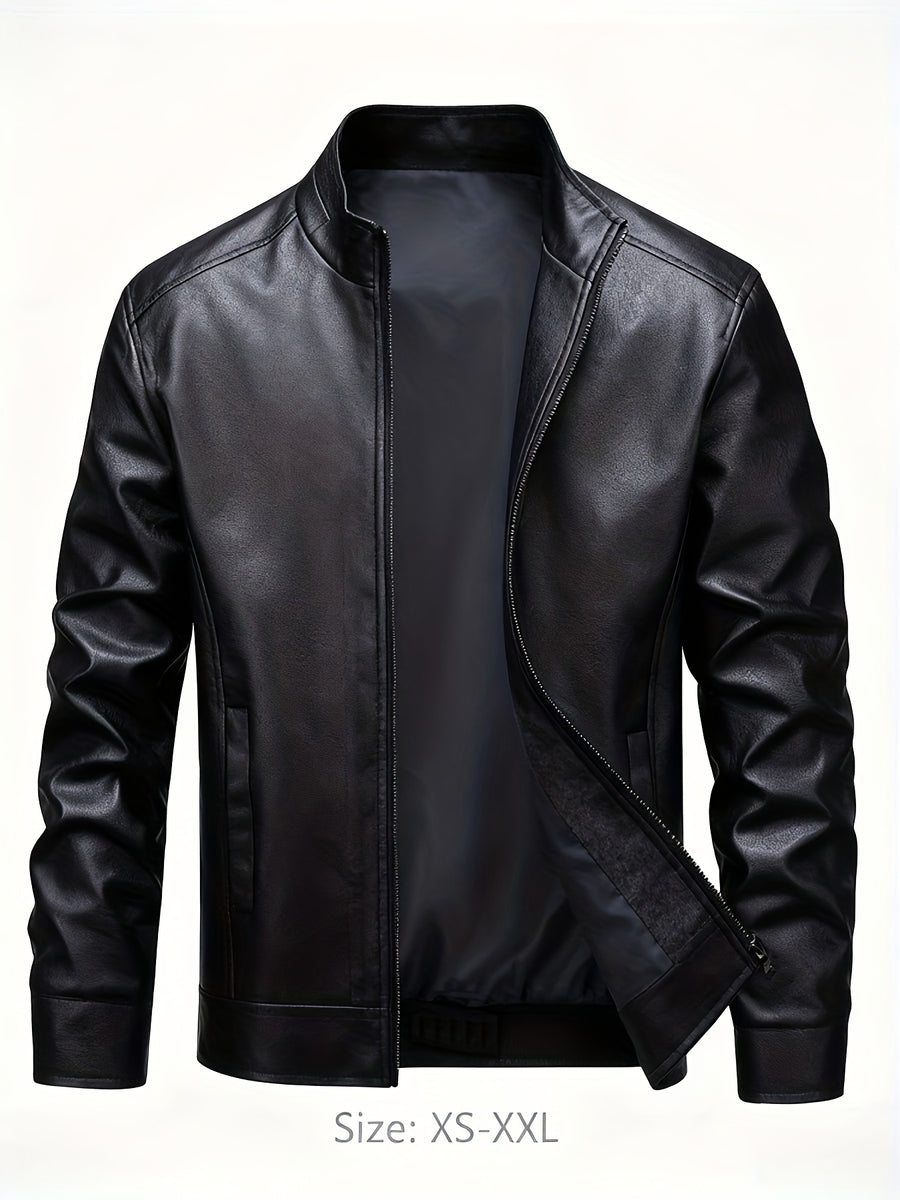 Men's Black PU Jacket - Classic Stand Collar, Zipper Closure, High-Quality Fashionable and Comfortable Outerwear, Standard Sizes XS-XXL, for Daily, Casual Wear and Christmas Occasions, High-Quality and Versatile, Durable and Soft, the Perfect, Winter - Black