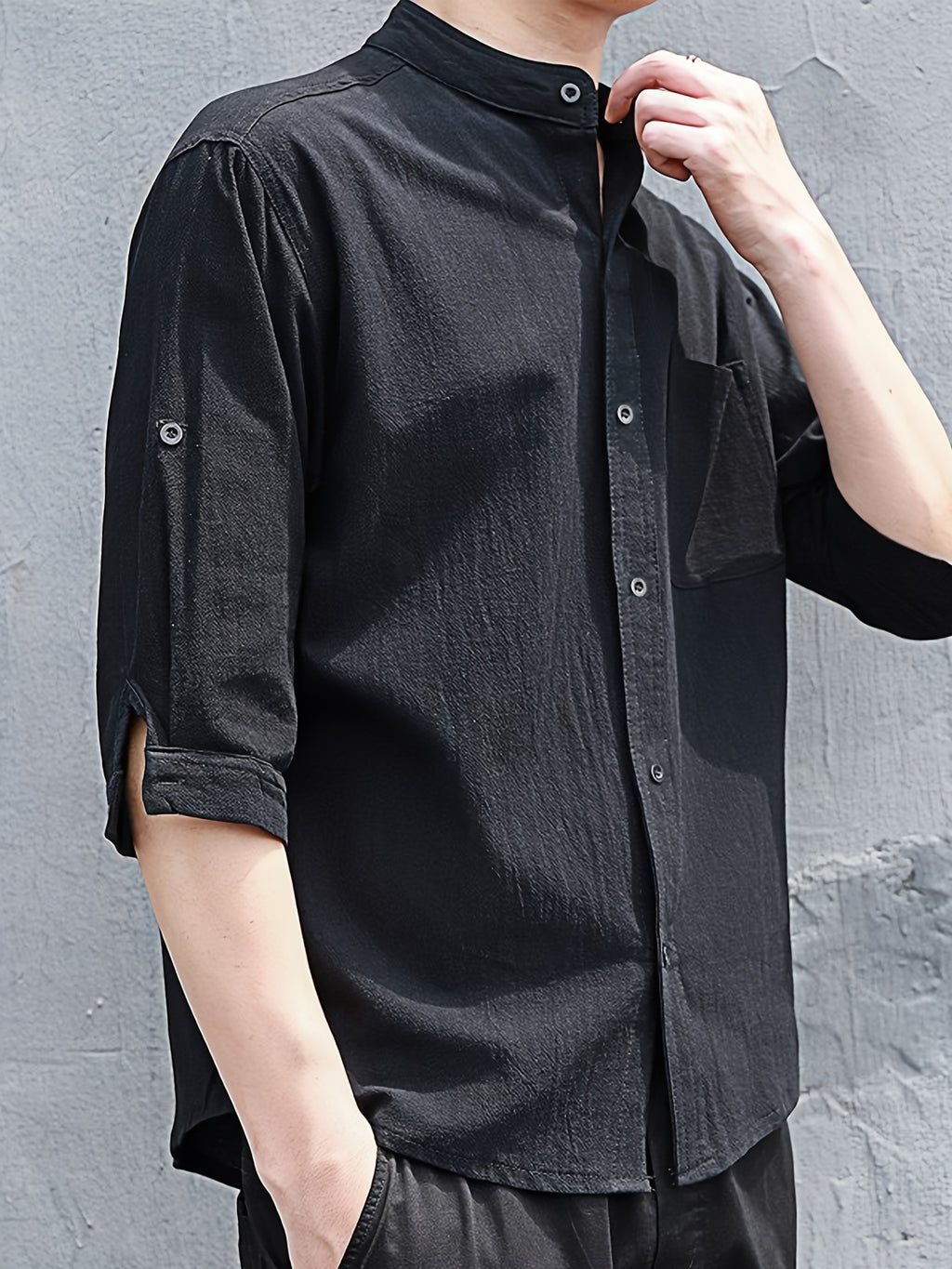 New Loose-Fitting Chinese-Style Stand-Up Collar Men'S Shirt, Comfortable And Breathable Linen Blend Men'S Mid-Length Sleeve Shirt, Easy And Versatile Men'S Casual Shirt - Black