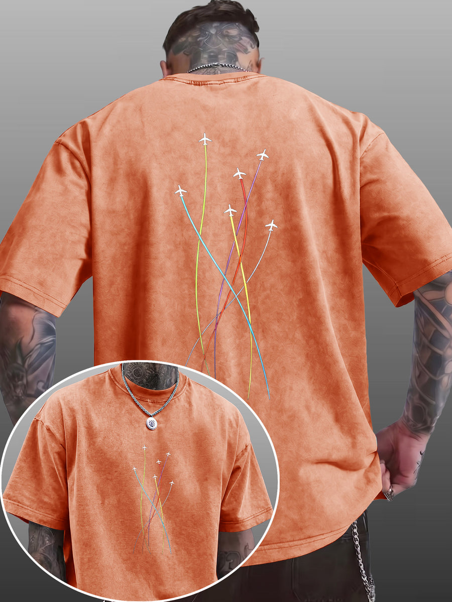 Men's Short-Sleeve T-Shirt, Pure Cotton Loose Fit Half-Sleeve Top, Washed Distressed Colorful Airplane Route Lines, Trendy Reversible Double-Sided Print, Multiple Colors for Mix & Match, American Streetwear Hip-Hop High Street Style, for Daily - Orange