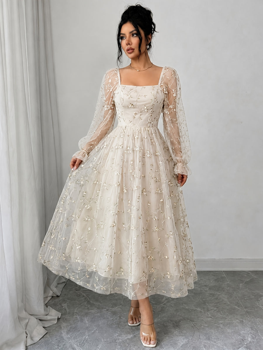 Directional Elegant Women'S Clothing Mesh Embroidered Solid Color Long Sleeve Dress - Apricot