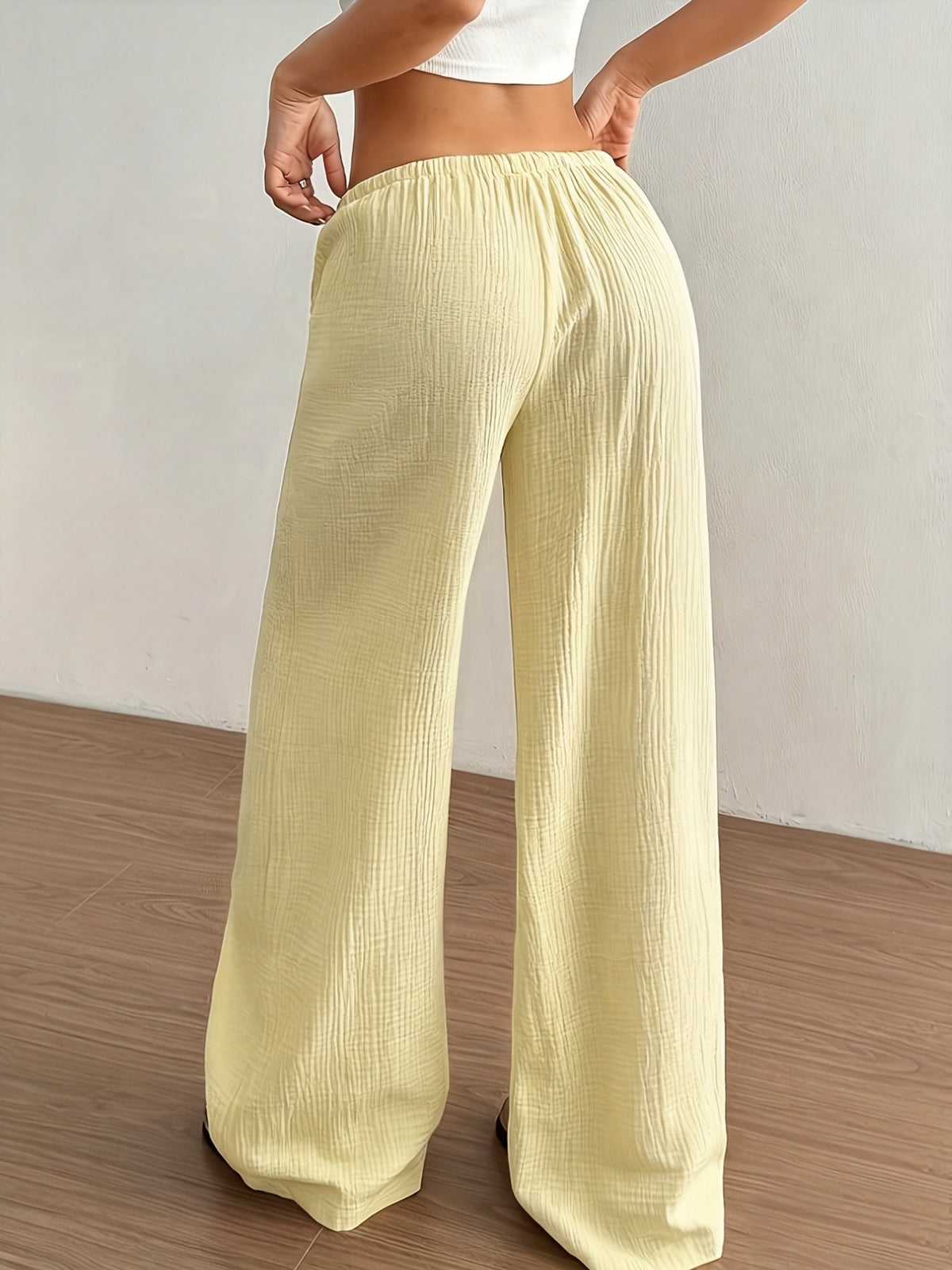 Women's Solid Color Wide-Leg Trousers - Elastic Waist Straight-Leg Pants with Adjustable Drawstring, Lightweight Loose Wide Pants Suitable for Spring Summer Fall, Casual Office Wear, Machine Washable Wide Leg Pants for Blouses - 【Light Yellow】