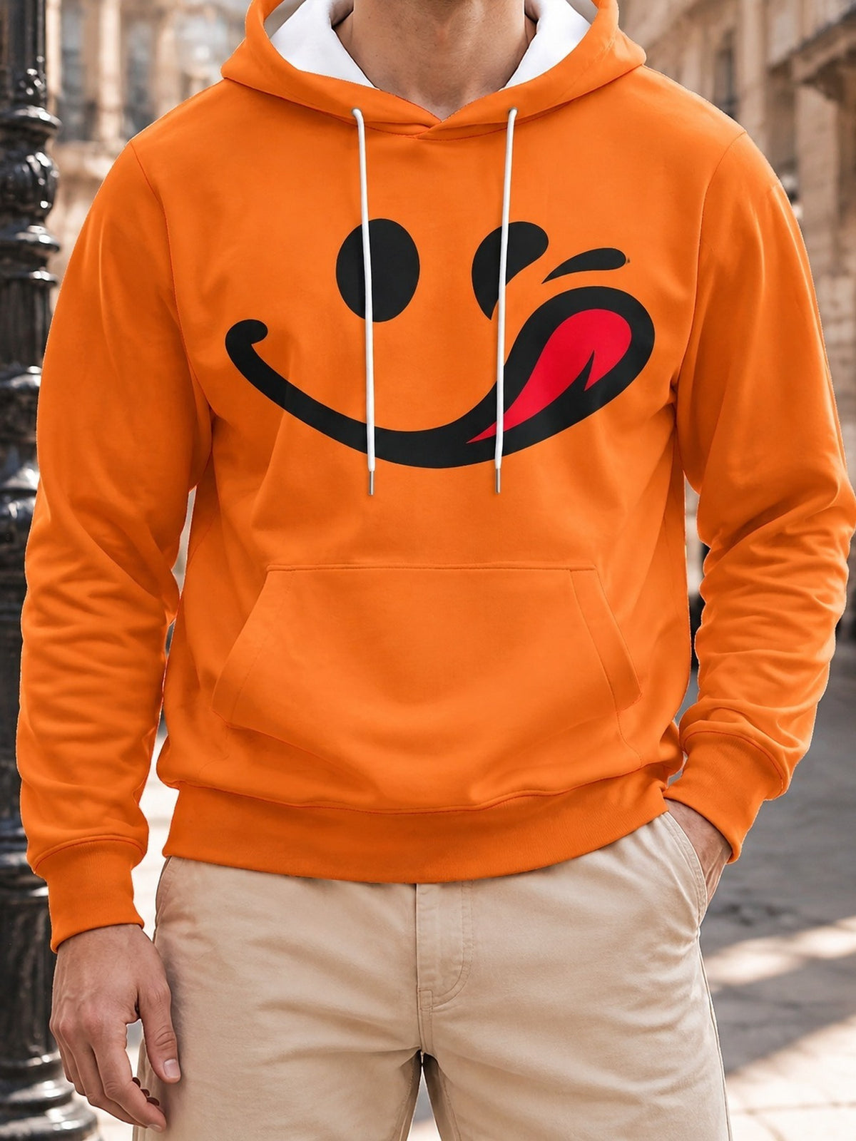Men's Long Sleeve Pullover Hoodie, Orange Winking Tongue Joyful Face Graphic, Digital Print, Drawstring Hood Ribbed Cuffs, Polyester, Casual, Daily Wear Weekend Leisure, Spring Autumn - Mixed colors