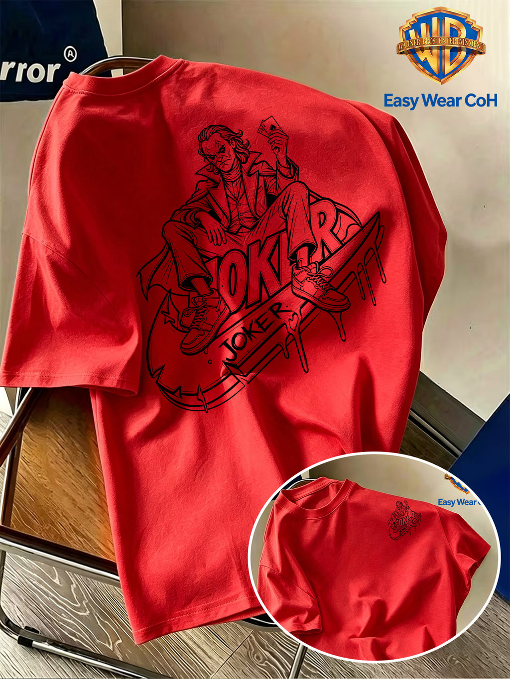 Warner Bros. Official New Academic Style Men's Short-Sleeve T-Shirt, Featuring a Unique Graffiti-style Line Sketch Drip-paint Design with a Long, Flowing Graphic and a Creative Niche JOKER Clown Print. The Distinctive Design Is Hard to Replicate - Red