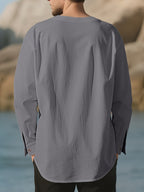 Men's Casual Shirts, Long-sleeve Casual Shirts, T-shirts, Men's Fashion Casual Wear, Solid Color Linen Long-sleeve Shirts, Breathable and Comfortable Short-sleeve Design, Quick-drying Fabric, Suitable for Wearing in Late Spring, Summer, and Early - Grey