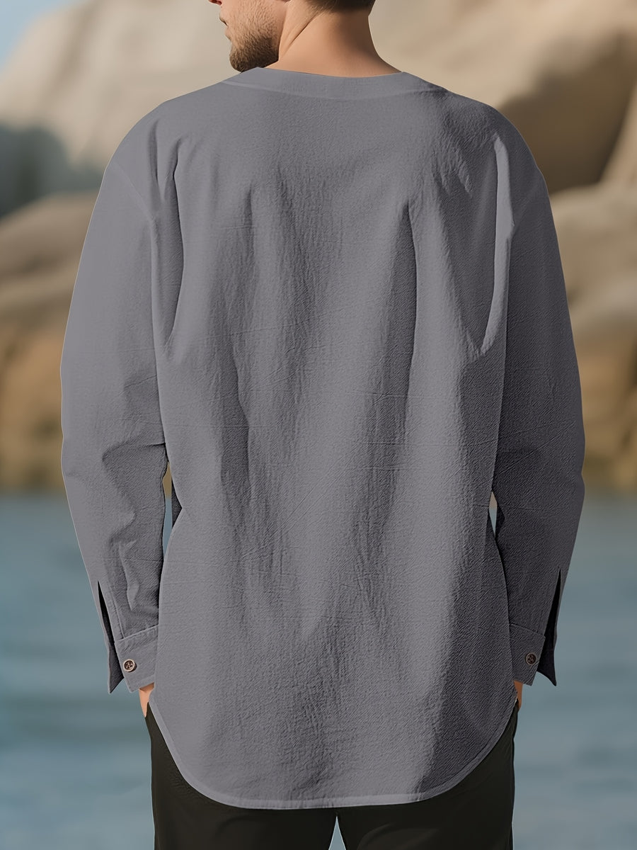 Men's Casual Shirts, Long-sleeve Casual Shirts, T-shirts, Men's Fashion Casual Wear, Solid Color Linen Long-sleeve Shirts, Breathable and Comfortable Short-sleeve Design, Quick-drying Fabric, Suitable for Wearing in Late Spring, Summer, and Early - Grey