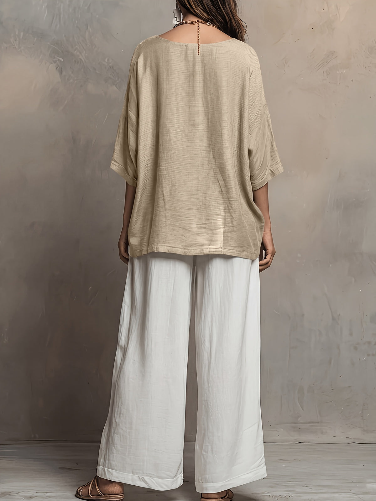 Bohemian Spring Summer New Loose Elegant Color-Block Set Women'S Round Neck Short Sleeve Solid Top And High-Waist Wide-Leg Pants 2pcs Set Western Casual Vacation Suit - Khaki