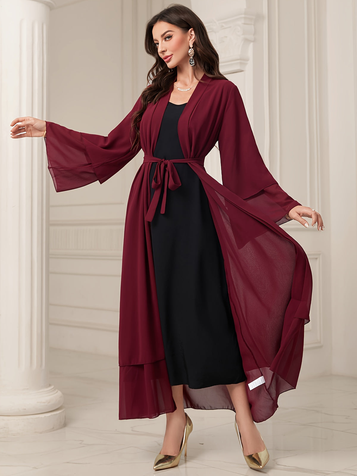 Ramadan Islamic Modest Dress Without Hijab, Long Sleeve Open Front Casual Modest Muslim Dress, Women's Clothing - Burgundy