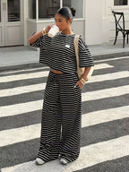 Women'S Striped Short Sleeve Top And Long Pants 2pcs Set, Spring Summer Casual Outfit - Black Strips