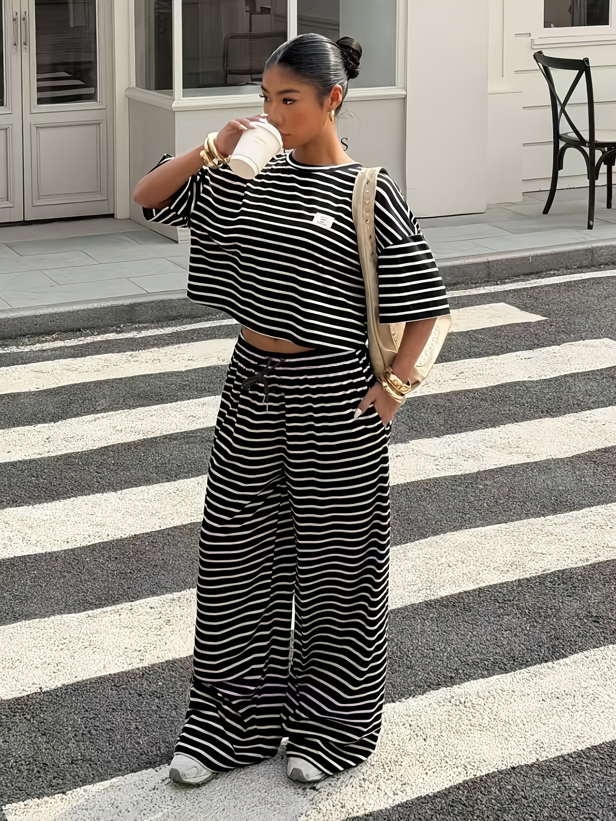 Women'S Striped Short Sleeve Top And Long Pants 2pcs Set, Spring Summer Casual Outfit - Black Strips