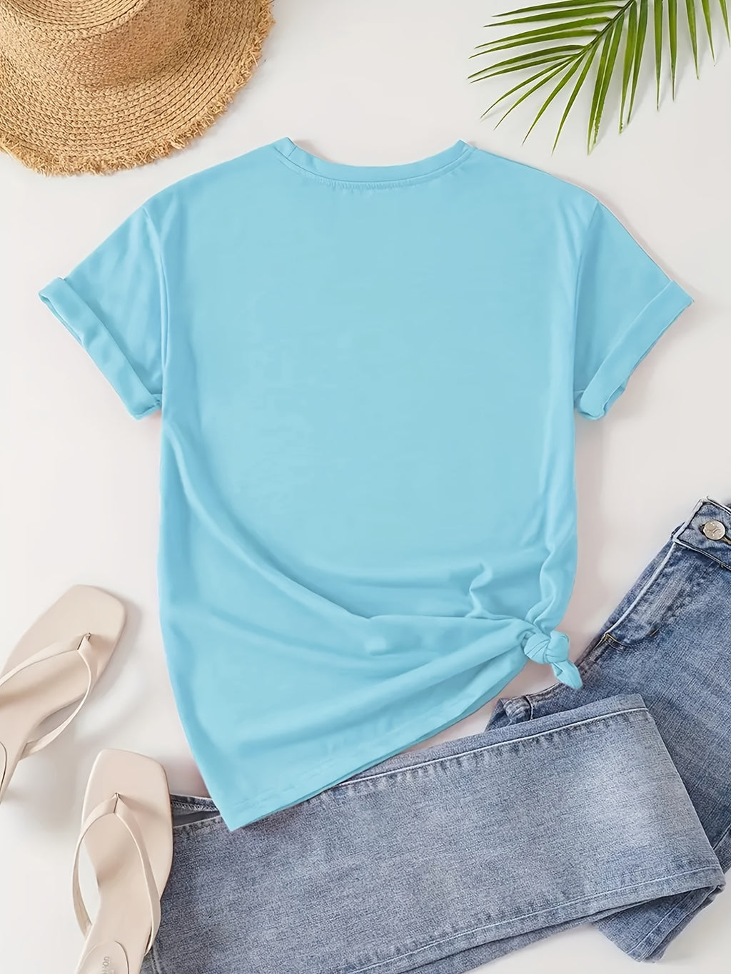 Women's High-Elastic Blouse T-Shirt Suitable for Café Visits, Picnic & Home Wear - Minimalist Smiling Face Print Round Neck Top, Machine Washable Non- Shirt for - Casual Outfits (Age-Reducing Versatile Wardrobe Staple) - Sky Blue