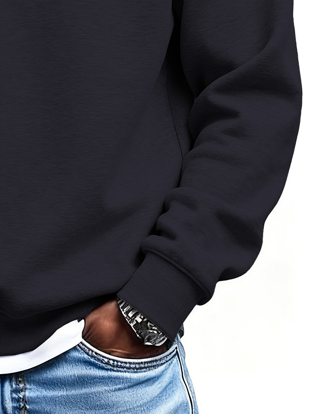 Men'S Spring Autumn Stand-Collar Pullover Sweatshirt, Button-Front Design Loose Long Sleeve Top, Solid Color Casual Wear Suitable for Daily Outings - Black