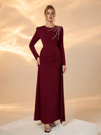 Elegant Red Rhinestone Embellished Wedding Bridesmaid Party Evening Gown - Long Sleeve, Round Neck, Floor-Length Formal Dress for Women, Bridesmaid Dress, Special Occasion Wear, Sophisticated Craftsmanship - Burgundy