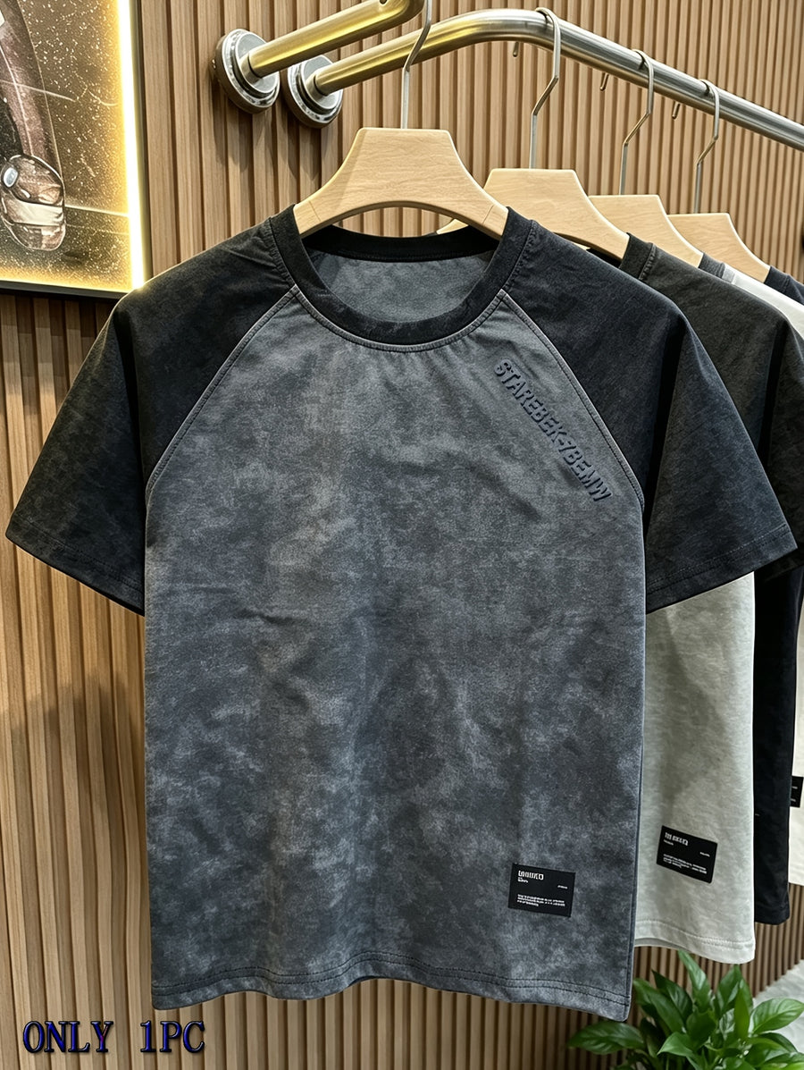 Men's Casual T-Shirt In Stock, Men's Summer Simple Versatile Round Neck Trendy Brand Light Luxury Men's T-Shirt Short Sleeve Spliced Shoulder Youth Fashion Top - Dark Gray