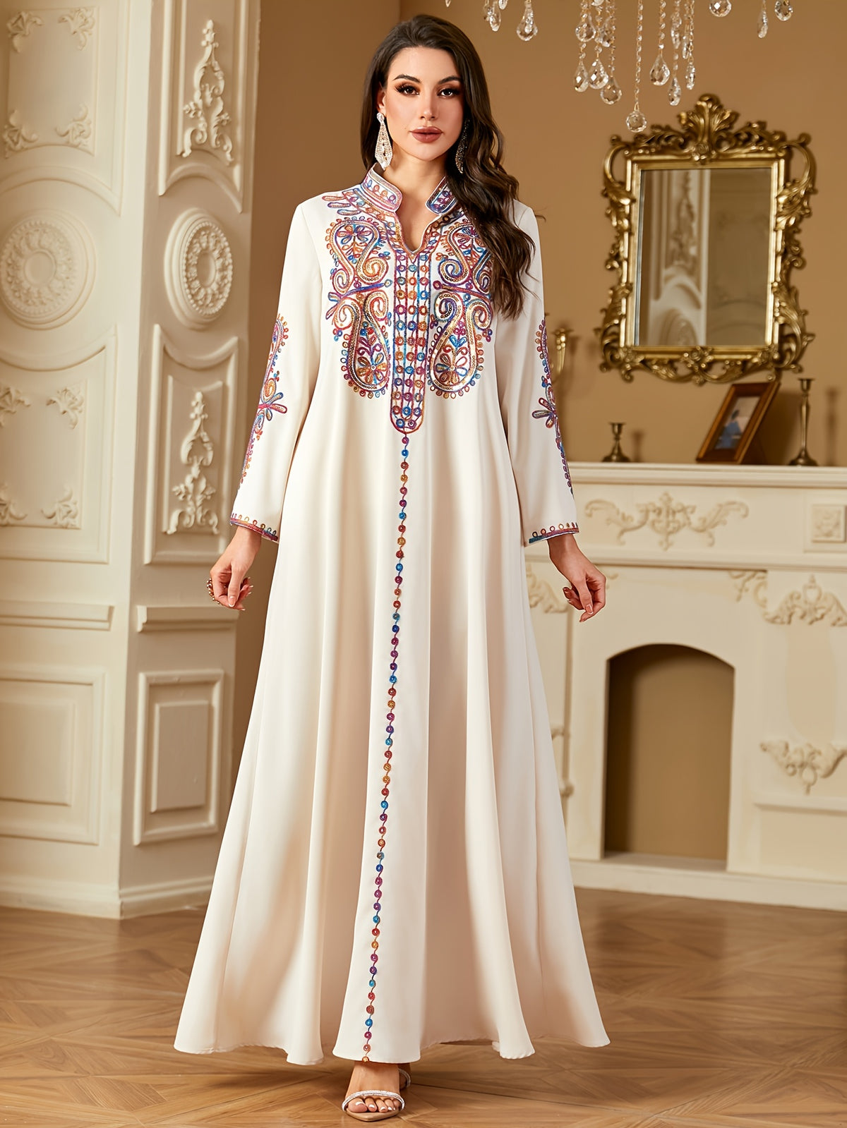 Middle Eastern Ramadan Fashion Beaded Rope Embroidery V-Neck Long Sleeve Dress - Apricot