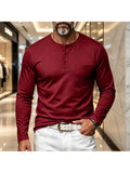 Vintage Men'S Henley Long Sleeve T-Shirt, Loose Stretch Lightweight Top with Pocket, Casual Daily Commute Shirts for All Seasons - Burgundy
