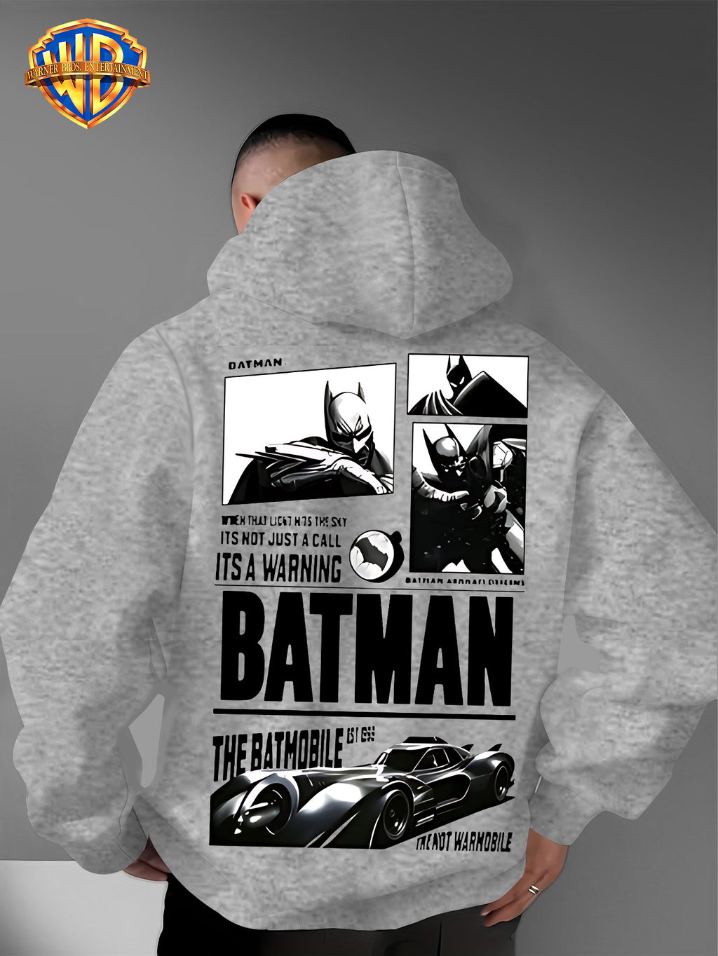 Warner Bros. Authorized American Dark Superhero Retro Batman Comic Poster Print Hooded Sweatshirt, with Adjustable Drawstring, Comfortable And Warm, Fashionable And Versatile Men'S Casual Sweatshirt, Suitable for Autumn And Winter Wear - Light Grey