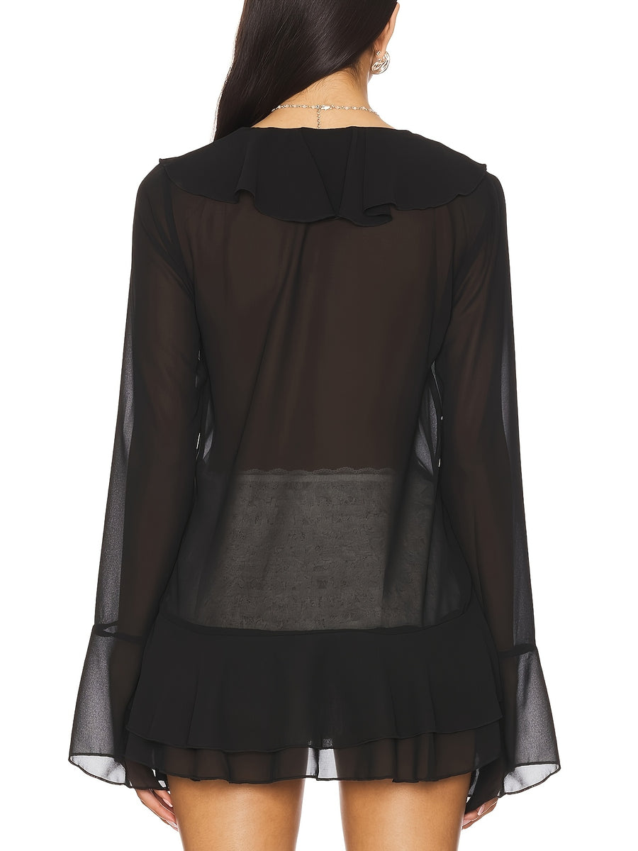 Women's Ruffle Bow Detail Shirt Cardigan Jacket - Black