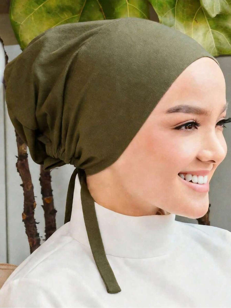 1pc Women Abaya Accessories Fashion Solid Color Elastic Band Headscarf, Suitable for Daily Wear Headband Soft Under Cap Women Veil - Olive Green
