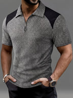 Men'S Fashion Top for Spring And Summer, Made from Textured Ribbed Fabric Suitable for Outdoor Leisure, Featuring a Color-Blocked Collar And Zipper Design, Short-Sleeved Polo Shirt - Dark Gray