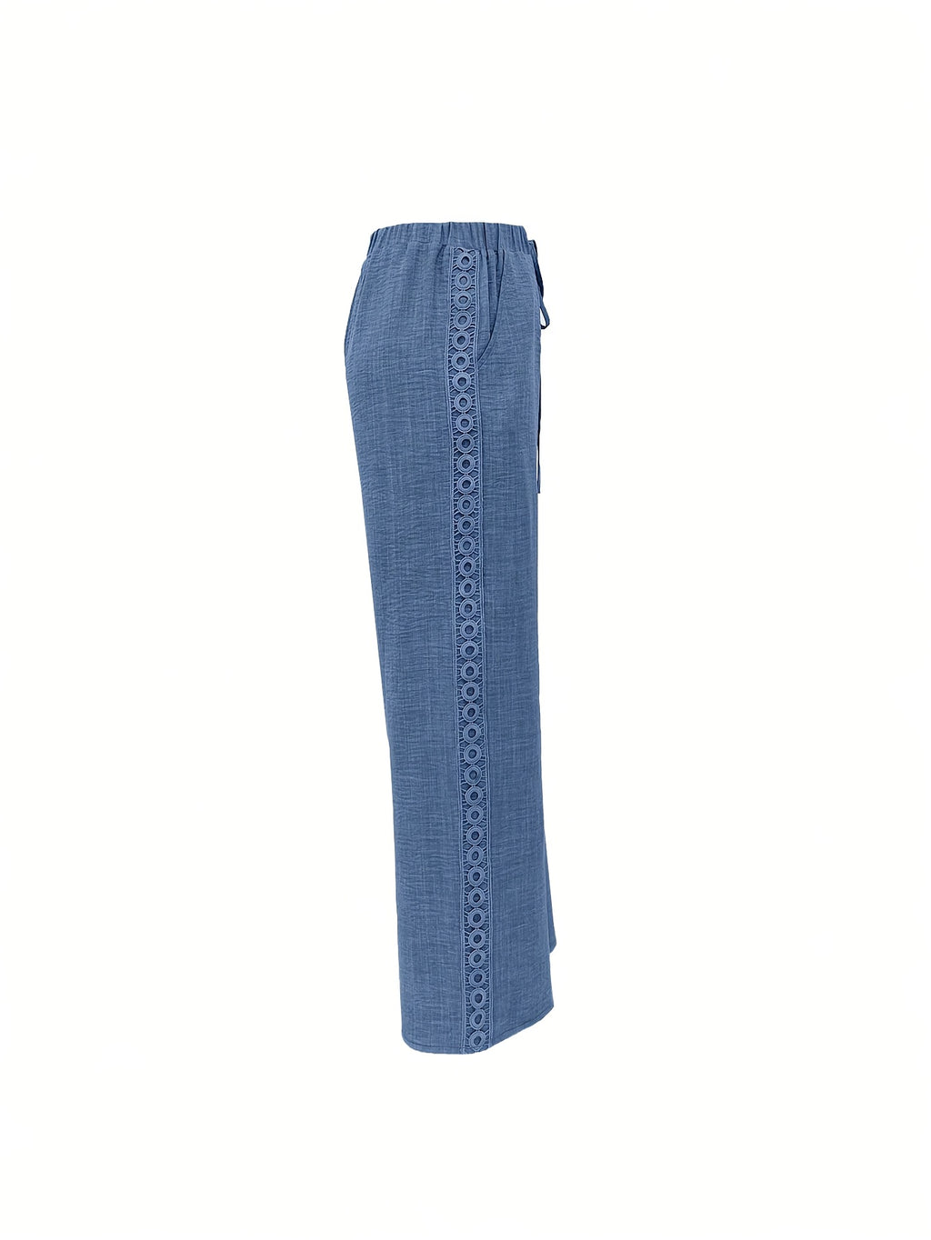 Women'S Solid Color Long Pants, Side Seam Lace Trim, Casual Wear, Loose Trousers - Sea Blue