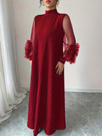 Women'S Stand-Up Collar Lantern Long-Sleeved Textured Fabric Splicing Mesh Hand-Cranked Three-Dimensional Embroidery Loose Comfortable And Elegant Senior Long Dresses - Burgundy