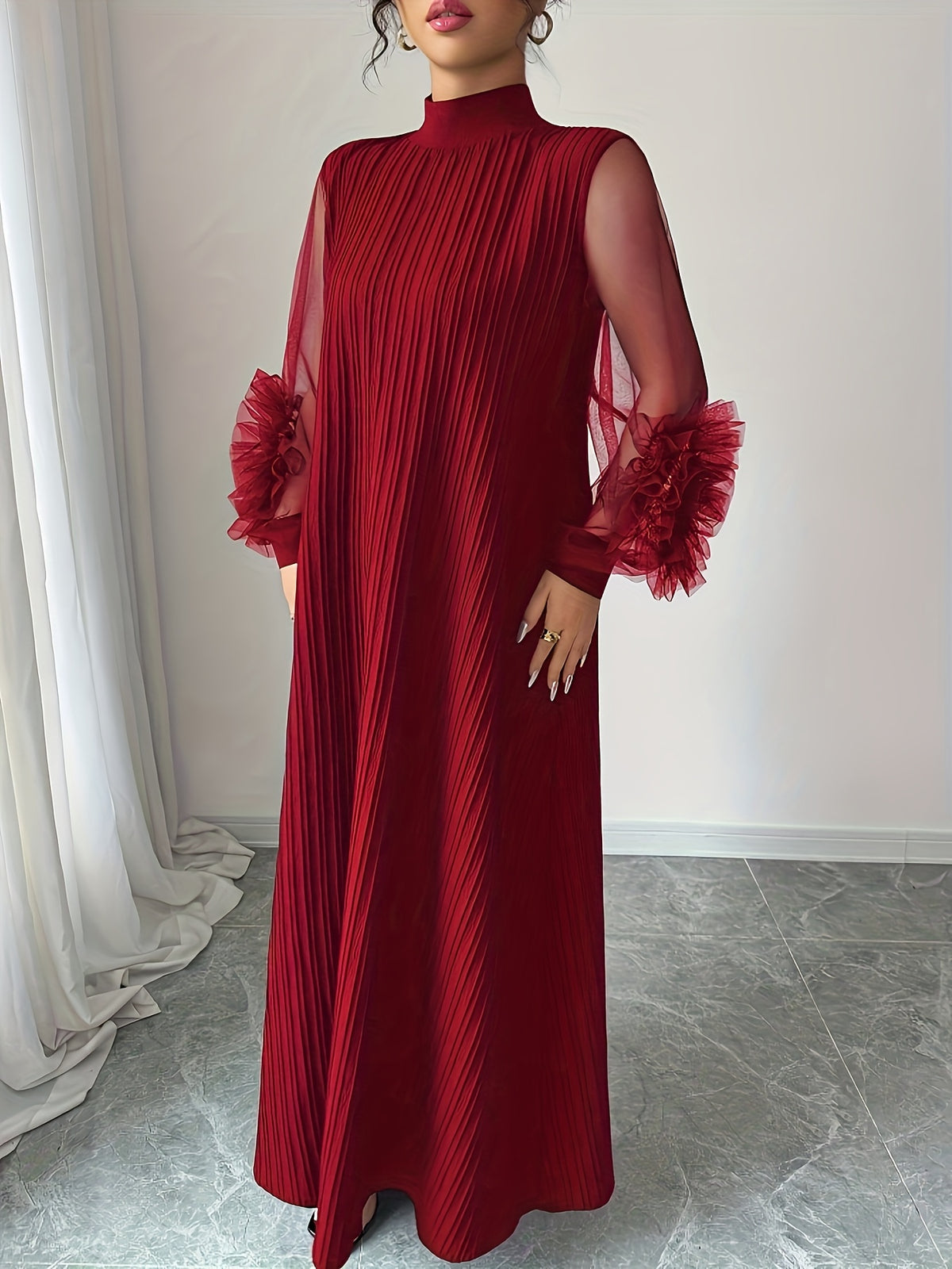 Women'S Stand-Up Collar Lantern Long-Sleeved Textured Fabric Splicing Mesh Hand-Cranked Three-Dimensional Embroidery Loose Comfortable And Elegant Senior Long Dresses - Burgundy