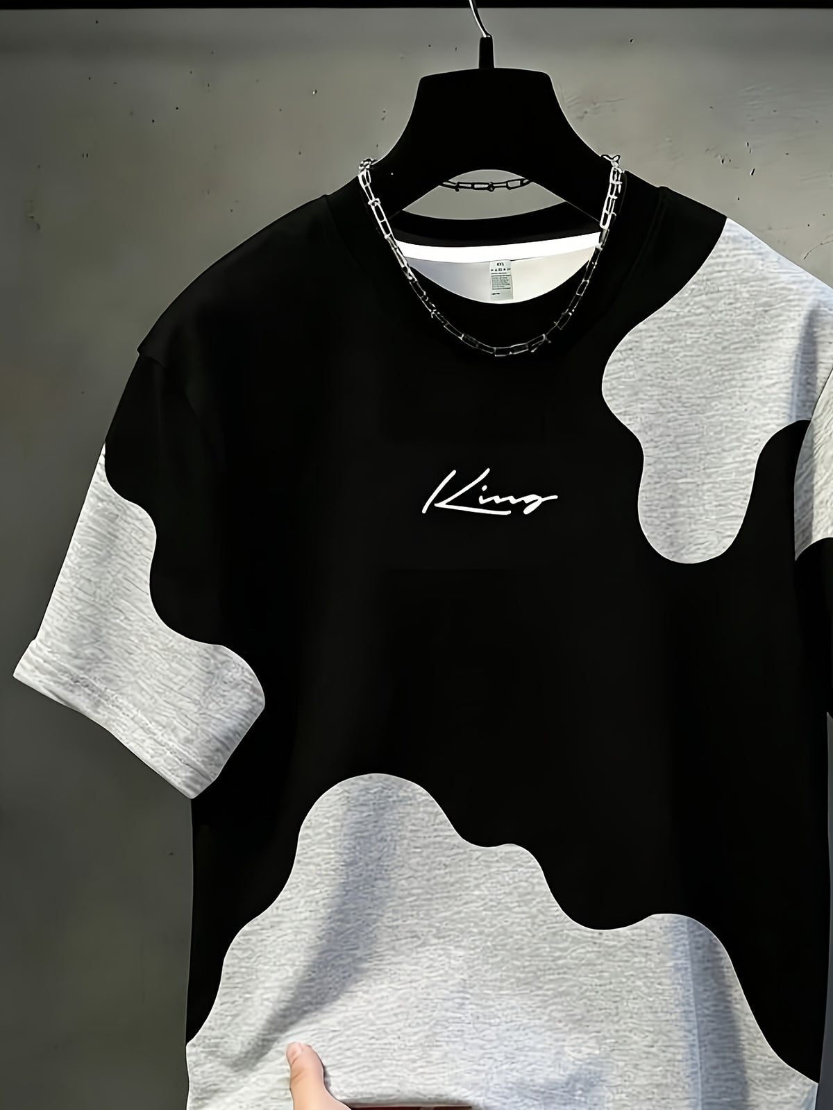 Men'S Casual Round Neck T-Shirt, Geometric Pattern Patchwork Striped Design with "KING" Word Pattern, Drapey Fashion Top, All-Season Wear, Breathable Regular Fit for Casual And Formal Outfits - Round Neck Casual Top, Comfortable Wear - Mixed colors