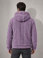 Men'S Plush Fleece Hooded Jacket, Full-Zip Long Sleeve Outerwear with Hand Pockets, Elastic Cuffs And Hem, Solid Color Textured Casual Jacket for Fall/Winter Daily Wear, Travel And Outdoor Activities - Violet