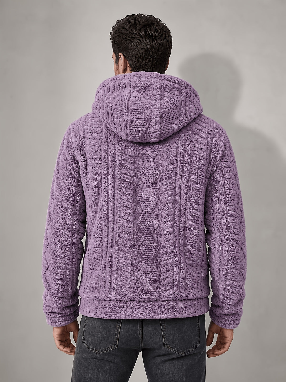 Men'S Plush Fleece Hooded Jacket, Full-Zip Long Sleeve Outerwear with Hand Pockets, Elastic Cuffs And Hem, Solid Color Textured Casual Jacket for Fall/Winter Daily Wear, Travel And Outdoor Activities - Violet