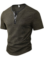 Men's Fashion Top, Spring/Summer Outdoor Casual Textured Ribbed Fabric, Solid Color Patchwork Crew Neck Single-Breasted Short Sleeve Men's Henley Shirt - Olive Brown