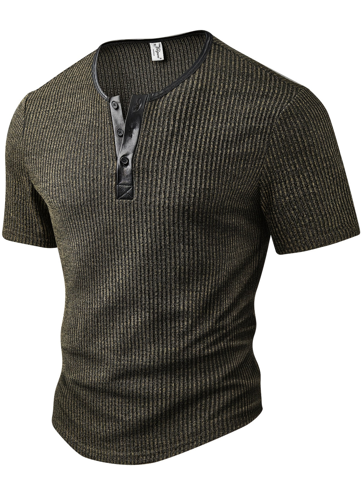 Men's Fashion Top, Spring/Summer Outdoor Casual Textured Ribbed Fabric, Solid Color Patchwork Crew Neck Single-Breasted Short Sleeve Men's Henley Shirt - Olive Brown