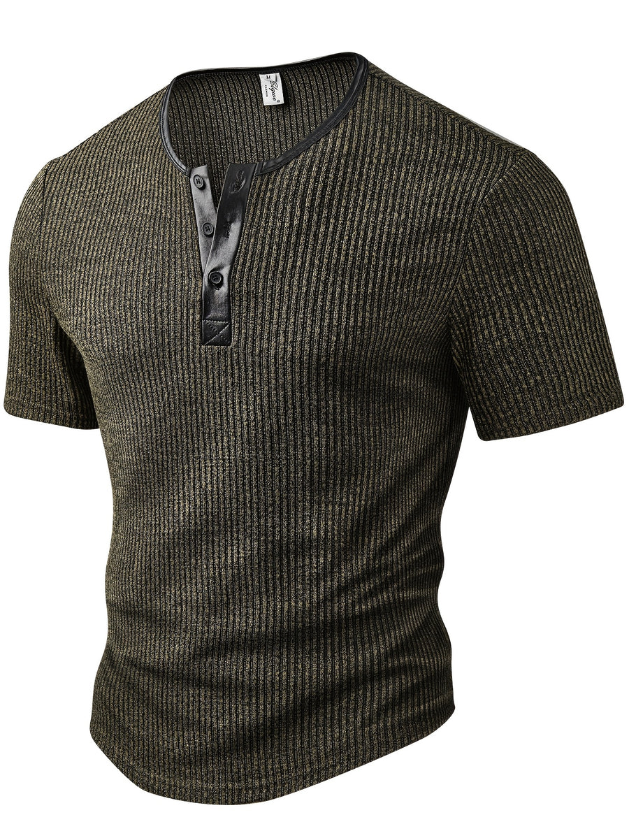 Men's Fashion Top, Spring/Summer Outdoor Casual Textured Ribbed Fabric, Solid Color Patchwork Crew Neck Single-Breasted Short Sleeve Men's Henley Shirt - Olive Brown